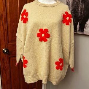 Easel Cream Sweater with Red Floral Design